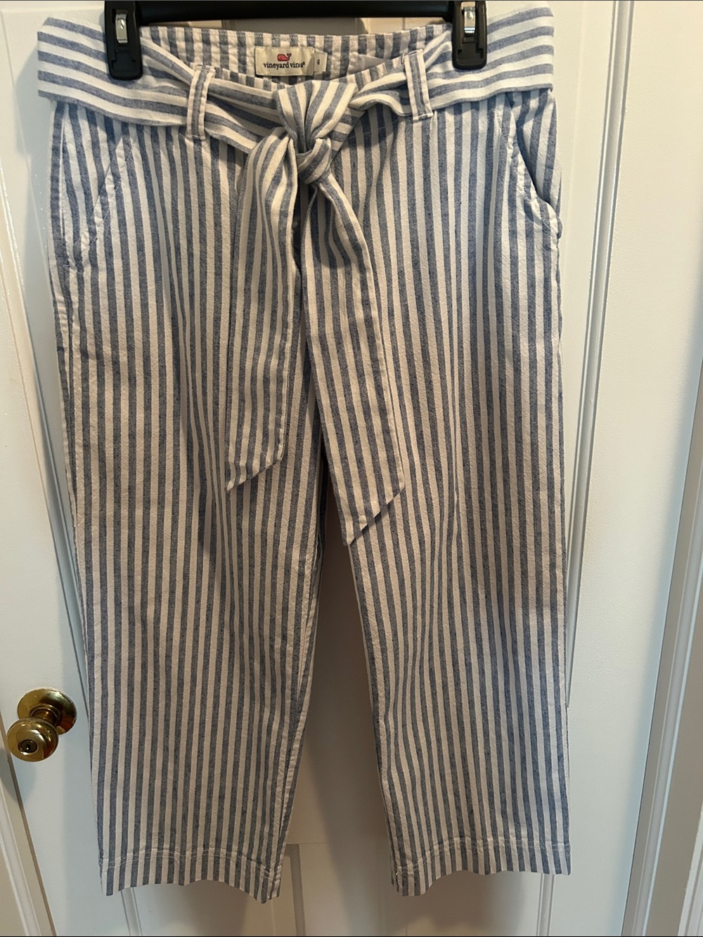 Vineyard Vines Blue and White Vertical-Striped Tie-Waist Wide Leg Ankle Pants